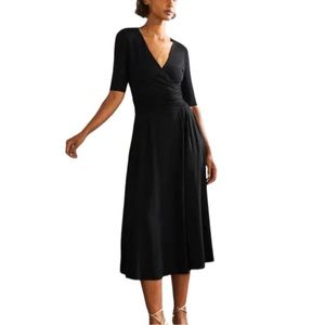 BODEN Ruched Waist Jersey Midi Dress Faux Wrap Short Sleeve Black 12